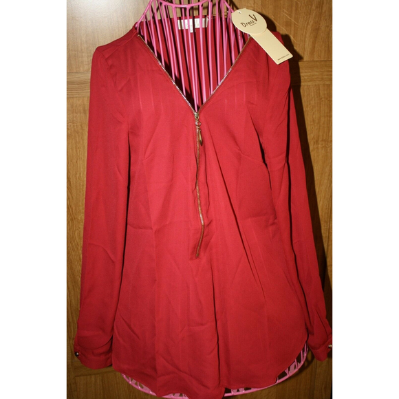 WOMEN'S LS TOP RED MED DRESS V SHEER NWT ZIP FRONT BUTTON SLEEVE LADIES - Picture 1 of 5